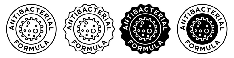 antibacterial formula icon. Vector set of germ free antiseptic sign symbol. Stamp collection of health hygiene safe emblem circle black web ui mark. - obrazy, fototapety, plakaty