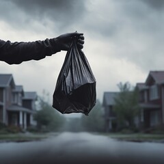 hand holding garbage black bag putting in to trash. Generative Ai.