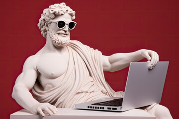 Greek statue smiling wear sunglasses programming on  laptop