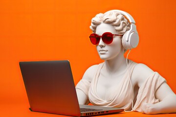 Greek statue smiling wear sunglasses programming on  laptop