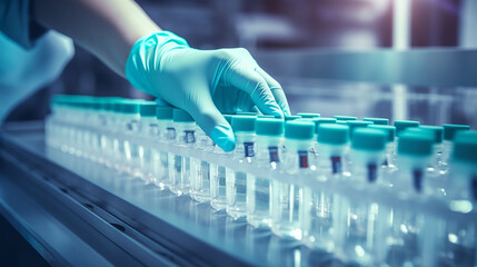 hand with sanitary gloves check Medical vials on production line at pharmaceutical factory, Pharmaceutical machine working pharmaceutical glass bottles production line, Generative Ai