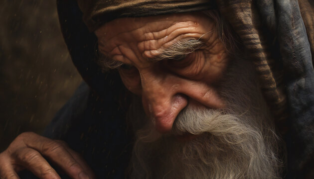 Recreation of face of a old sad sephardic jew. Illustration AI