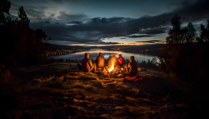 Group family and friends Go out set up tent and camping on fire, surrounded blazing fire with fuN. Sit and look view of valley and lake cold night in park. camping concept. generator AI illustration