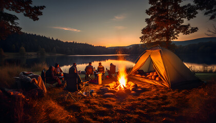 Group family and friends Go out set up tent and camping on fire, surrounded blazing fire with fuN. Sit and look view of valley and lake cold night in park. camping concept. generator AI illustration