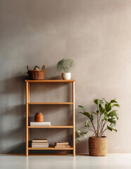 Wooden shelving unit, bookcase near beige stucco wall with copy space. Storage organization for home. Interior design of modern living room. Created with generative AI