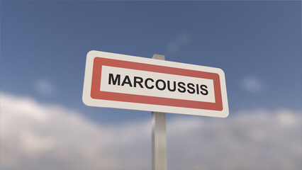 A sign at Marcoussis town entrance, sign of the city of Marcoussis. Entrance to the town of Essonne.