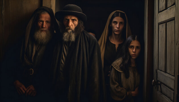 Recreation of a family jewish sephardic in the door of her house during his expulsion from the kingdom of Spain. Illustration AI