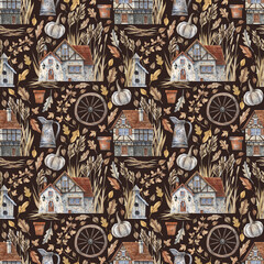 Vintage seamless pattern with rural houses, dry herbs and ears of corn and garden decor on a dark background.