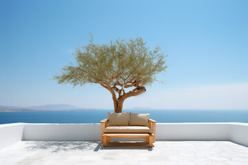 Wooden bench on summer white stone terrace and olive tree. Stunning sea view background, summer vacation concept. Created with generative Ai - obrazy, fototapety, plakaty