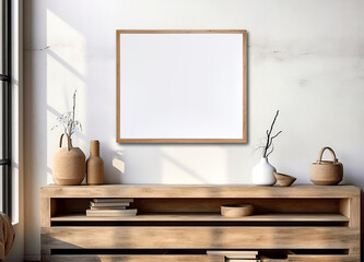 Empty mock up poster frame on white stucco wall above wooden dresser with home decor. Rustic interior design of modern living room. Created with generative AI