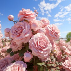 Fototapeta premium Pink pale roses bush over summer garden or park nature background. Roses garden, outdoor. Generative Ai.
