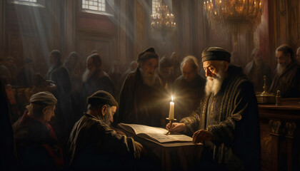 Tenebrist recreation of sephardic jews studying the Torah with a candle inside a temple. Illustration AI - obrazy, fototapety, plakaty