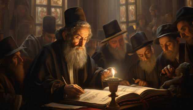 Tenebrist recreation of spanish sephardic jews studying the Torah inside a temple. Illustration AI