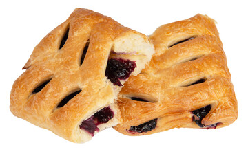 Puff pastry with jam isolated on white background. Close-up