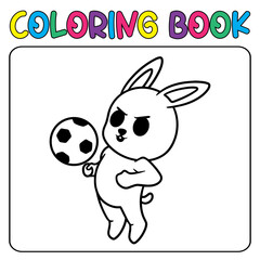 Vector cute bunny playing football for children's coloring page vector icon illustration