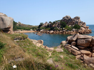 The Bay of Pors Rolland with its beautiful red rocks. The area is located in France on the coast of...