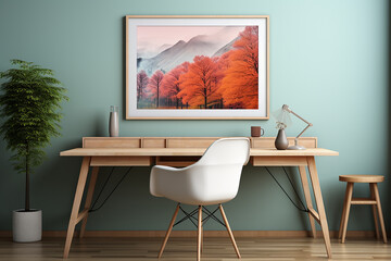 office workspace interior, computer on wooden table scandinavian style design, generative AI