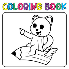 Vector cute dog riding pencil for children's coloring page vector icon illustration