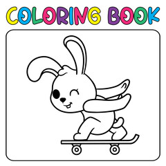 Vector cute bunny playing skateboard for children's coloring page vector icon illustration