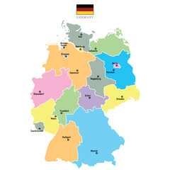 Germany maps background with regions, region names and cities in color, flag. Germany map isolated on white background. Vector illustration. Europe