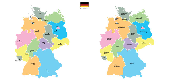 Two Germany maps background with regions, region names and cities in color, flag. Germany map isolated on white background. Vector illustration. Europe