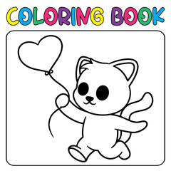 Coloring book cute animal for education cute cat holding balloon black and white illustration