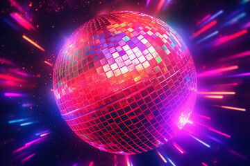 Disco ball with neon effect. Nightclub. Retro disco. Disco party. Generative AI. 