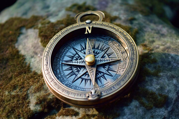 A compass on a stone with moss. Local orientation. Navigation. Campaign. Equipment for tourists. Generative AI 