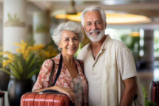 smiling senior couple standing in hotel lobby. generative AI