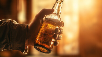 Eine Hand hält eine Bierflasche vor schönem Sonnenuntergang, generative KI