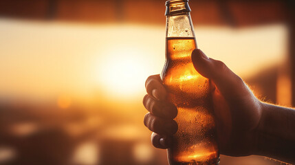 Eine Hand h&auml;lt eine Bierflasche vor sch&ouml;nem Sonnenuntergang, generative KI