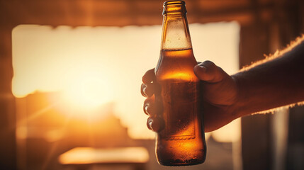 Eine Hand hält eine Bierflasche vor schönem Sonnenuntergang, generative KI