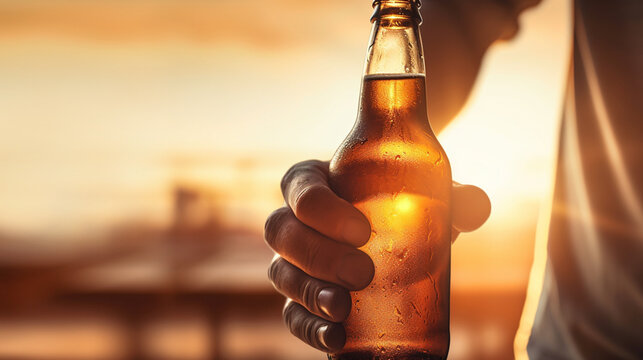 Eine Hand hält eine Bierflasche vor schönem Sonnenuntergang, generative KI