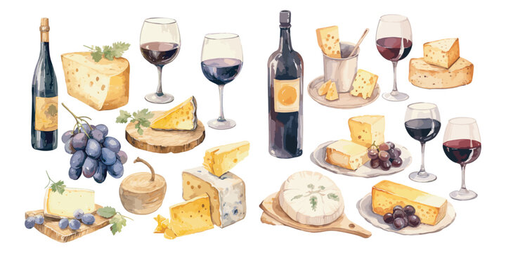 watercolor Wine and Cheese clipart for graphic resources