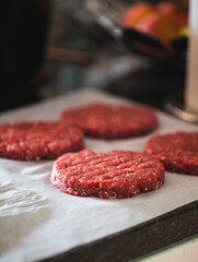 Raw ground beef patties, redy to be cooked cheeseburger/hamburger patties, meat burger