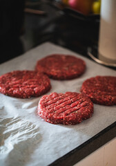 Raw ground beef patties, redy to be cooked cheeseburger/hamburger patties, meat burger