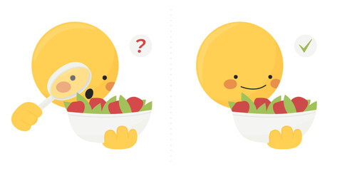 Emoji with food plate in his hand inspecting salad with a magnifying glass.
Diet, anorexia, orthorexia, eating disorder
Eating healthy obsession, before and after with question and ok check mark icons