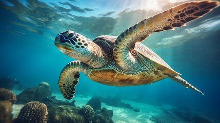 Obraz premium Sea turtle swimming in the ocean new quality universal colorful technology stock image illustration design, generative ai