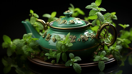 Obraz na płótnie Canvas Black iron asian teapot with sprigs of mint for tea. Generative Ai