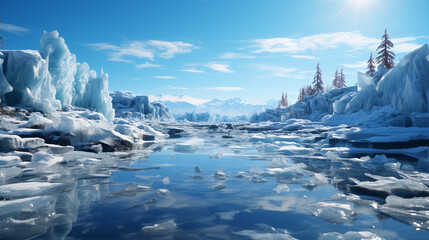 Obraz premium Blue ice and cracks on the surface of the ice. Generative Ai
