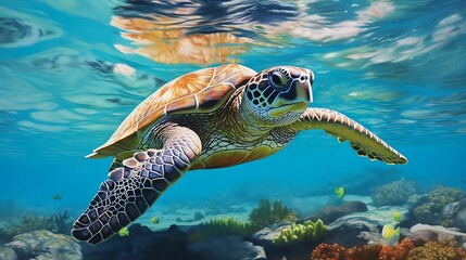 Obraz premium Sea turtle swimming in the ocean new quality universal colorful technology stock image illustration design, generative ai