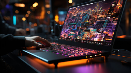Human hands typing in laptop keyboard. Generative Ai