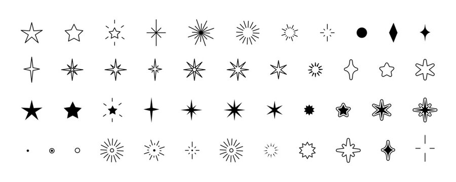 Set of different black sparkles. Collection of star symbol. For cards, logo, decorations, invitations, design