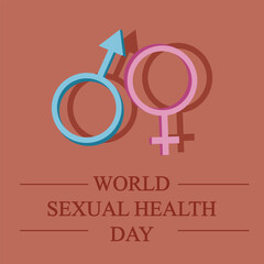 Concept design of World Sexual Health Day banner. Holiday poster with symbol of the masculine and feminine. Vector art. Symbols of Mars and Venus.