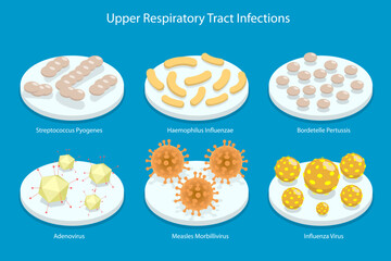 3D Isometric Flat Vector Conceptual Illustration of Upper Respiratory Tract Infection, Types of Viruses