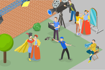 3D Isometric Flat Vector Conceptual Illustration of Filmmaking, Movie Production Scene