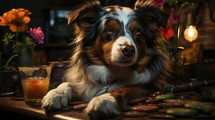 Drunk dog drinking a cocktail. Generative Ai