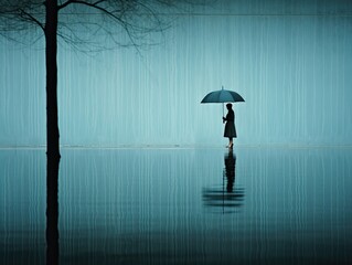 Emotional minimalistic image of solitude loneliness in artistic darkness style. Dark silhouette of a woman with umbrella stuck in surreal empty negative space world. Generative AI