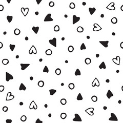 doodle pattern. seamless pattern. drawn by hand. drawing in black. hearts. dots. for textiles and wrapping packages. squares and flowers. vector illustration. black color. on a white background.