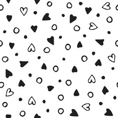 doodle pattern. seamless pattern. drawn by hand. drawing in black. hearts. dots. for textiles and wrapping packages. squares and flowers. vector illustration. black color. on a white background.